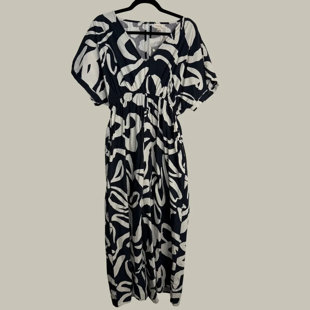 World Market S/M Misha Black and White Cotton Abstract Jumpsuit with Pockets